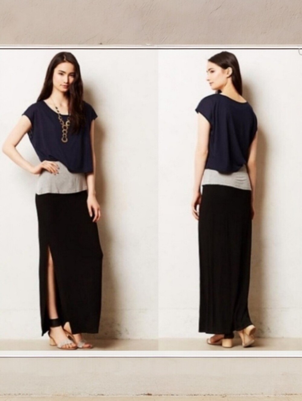 Anthropologie × Stacy Chang Askew T Shirt Maxi Dress Blue Black Gray Stretch XS